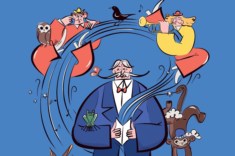 Kolorowa, rysowana ilustracja o tematyce muzycznej. Przedstawia ona grupę różnorodnych postaci, w tym człowieka i zwierzęta, które wspólnie tworzą muzykę. Dominującą postacią jest mężczyzna z długimi wąsami, ubrany w niebieski smoking, który wydaje się być liderem zespołu. Po jego lewej stronie jest małpa robiąca akrobacje. Na prawej ręce mężczyzny siedzi zielona żaba. Na górze ilustracji są dwie postacie. Postać po prawej stronie gra na trąbce. Postać po lewej stronie zatyka uszy. Towarzyszą im czarny ptak oraz sowa. Tło ilustracji jest niebieskie. Projekt graficzny - Kamila Płochacka
