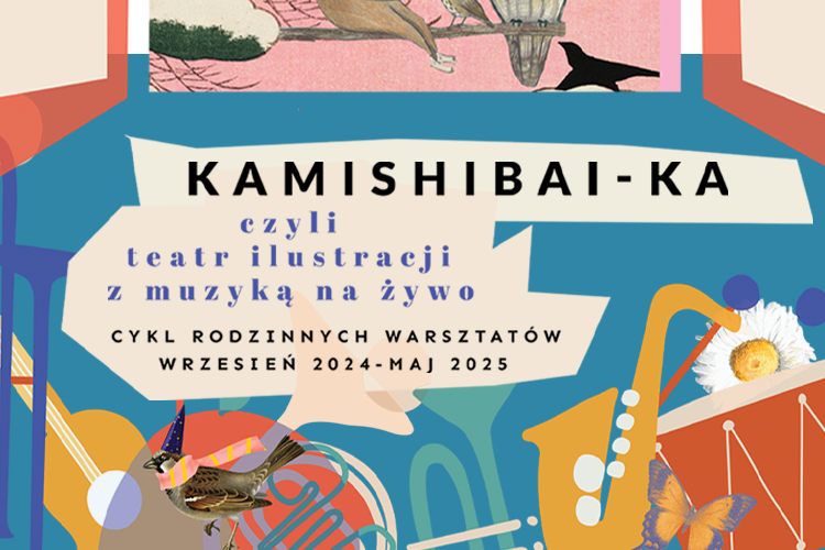 Kolorowa grafika. W lewym dolnym rogu ptaszek z czapką, u dołu kilka instrumentów dętych, motyl i stokrotka.