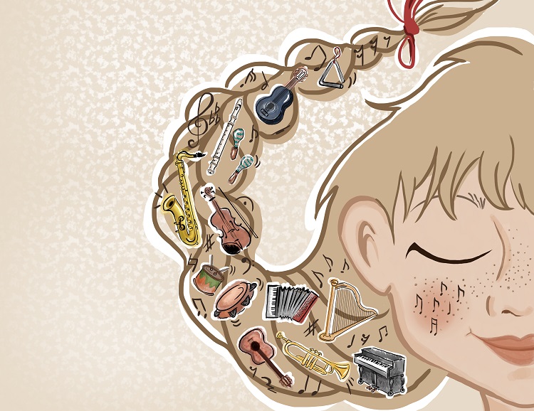 Grafika komputerowa. Lekko uśmiechnięta mała dziewczynka leży z zamkniętymi oczami. Na jej policzku są nuty, a na warkoczu znajdują się nuty oraz instrumenty muzyczne, takie jak: gitara, flet poprzeczny, marakasy, skrzypce, saksofon, tamburyn, bęben, akordeon, harfa, pianino i trąbka.grafika: Iga Krzaczyńska